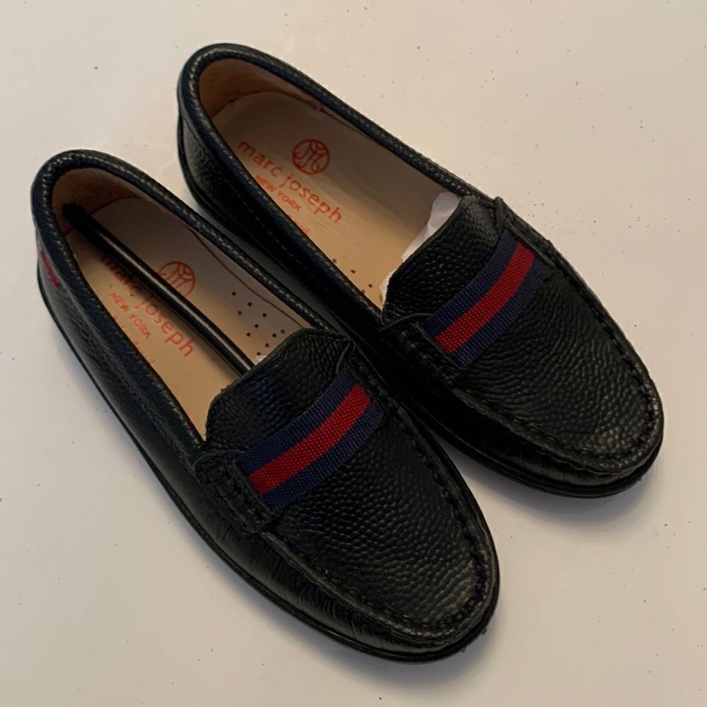 Marc Joseph Kids Black Moccasins with Red and Blue Stripes